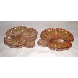 Jeannette Glass Iridescent 2 Leaf Dish Marigold Carnival Glass Clover Candy Nuts